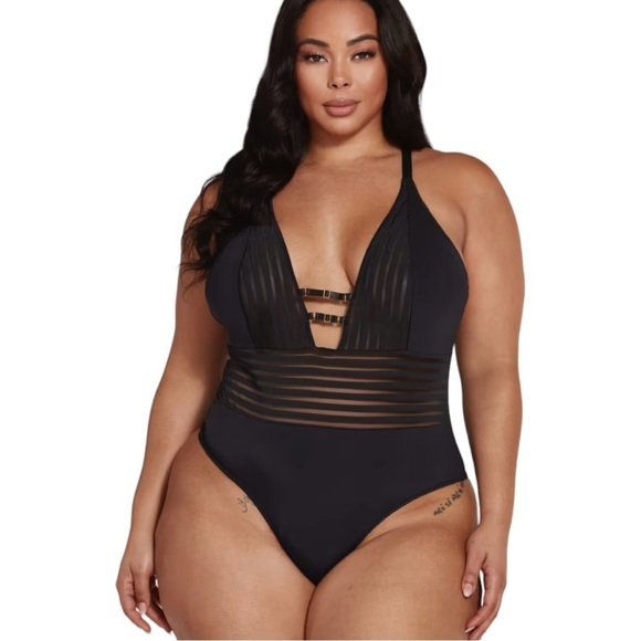 Fashion to Figure Kendall Stripe Mesh Bodysuit in Black Size 3 - Picture 1 of 2